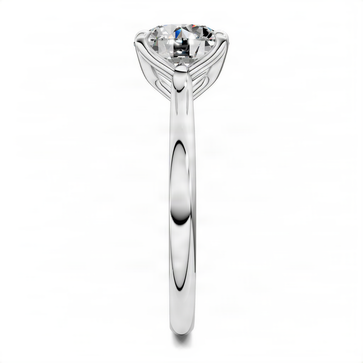 Round cathedral solitaire ring with clear center diamond, platinum-style side view
