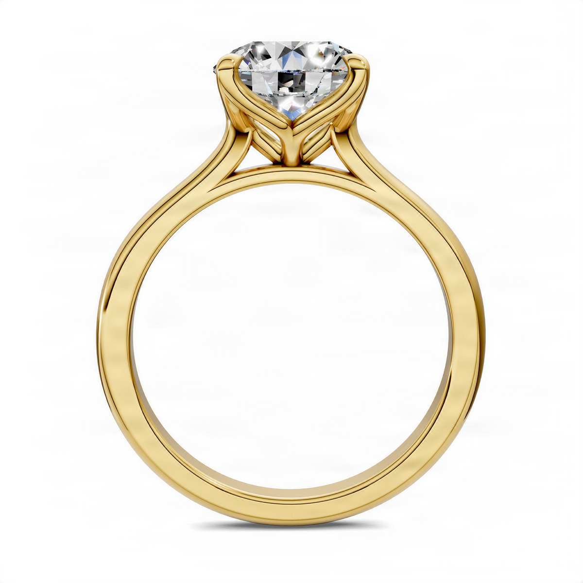 Round cathedral solitaire ring with clear center diamond, yellow gold setting