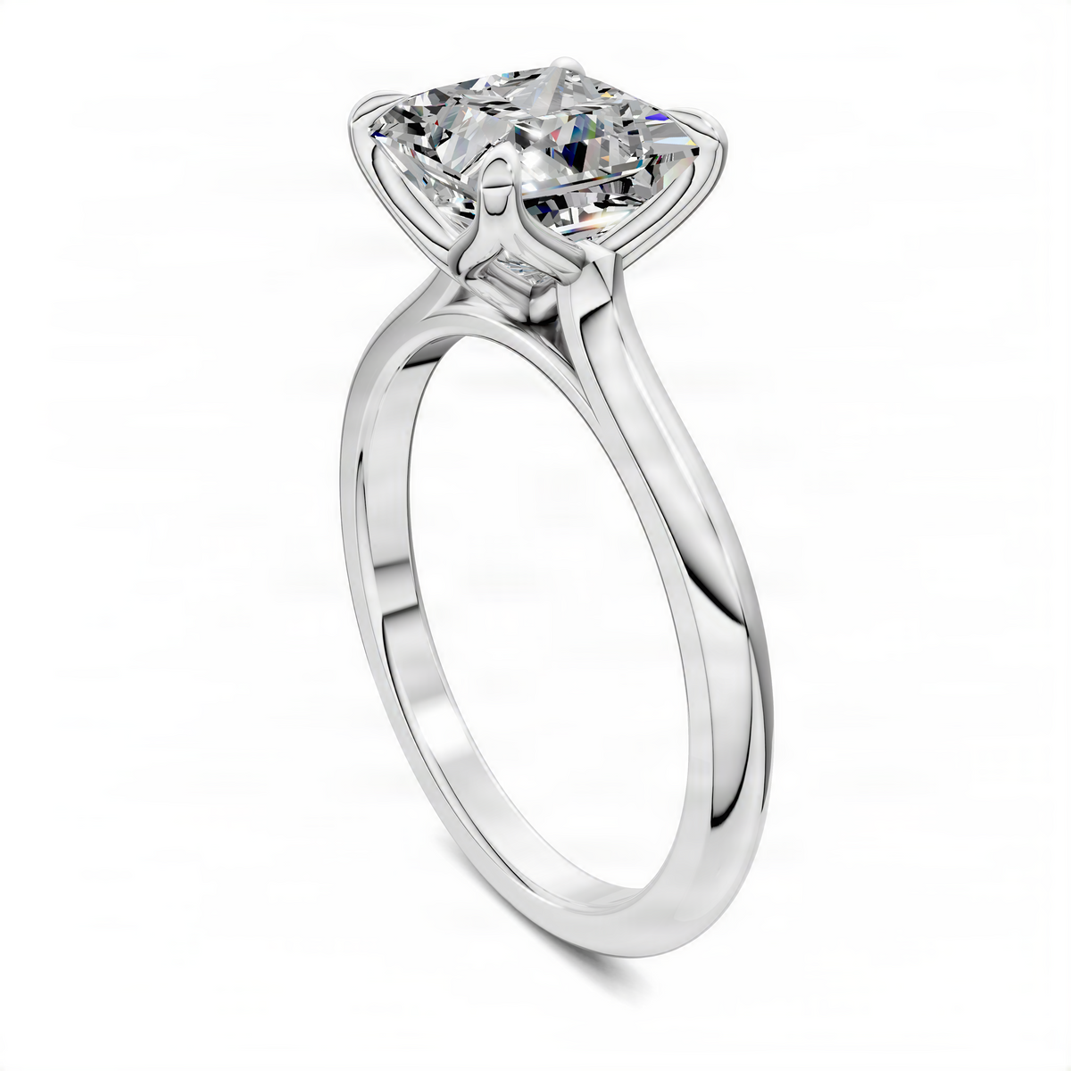 Princess cut solitaire ring with cathedral prongs, white gold band side view