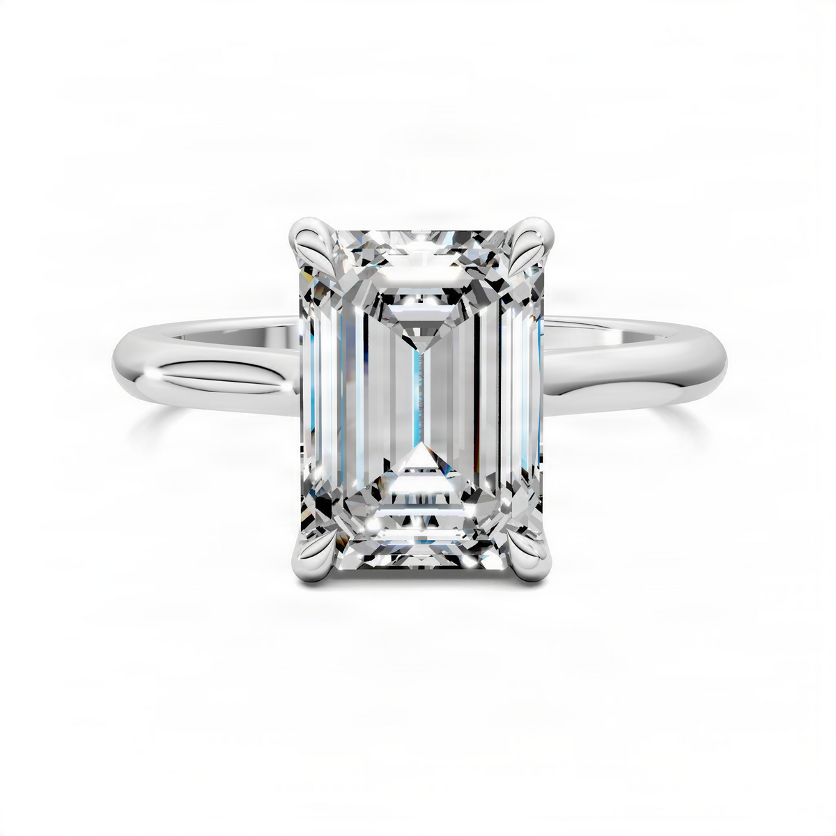 Platinum emerald-cut solitaire diamond ring with split band and four prongs