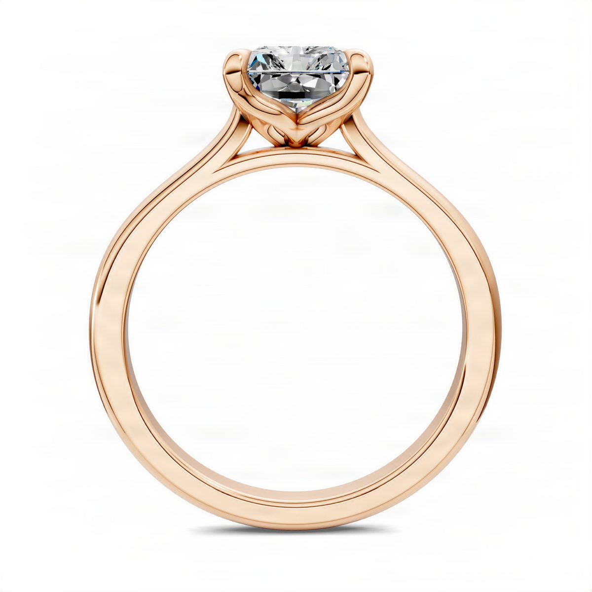 Rose gold solitaire ring with prong-set rectangular center stone, side view
