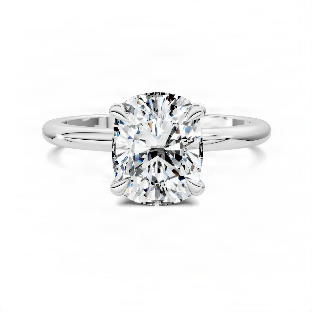 White metal cushion-cut diamond solitaire ring with prong setting and slim band