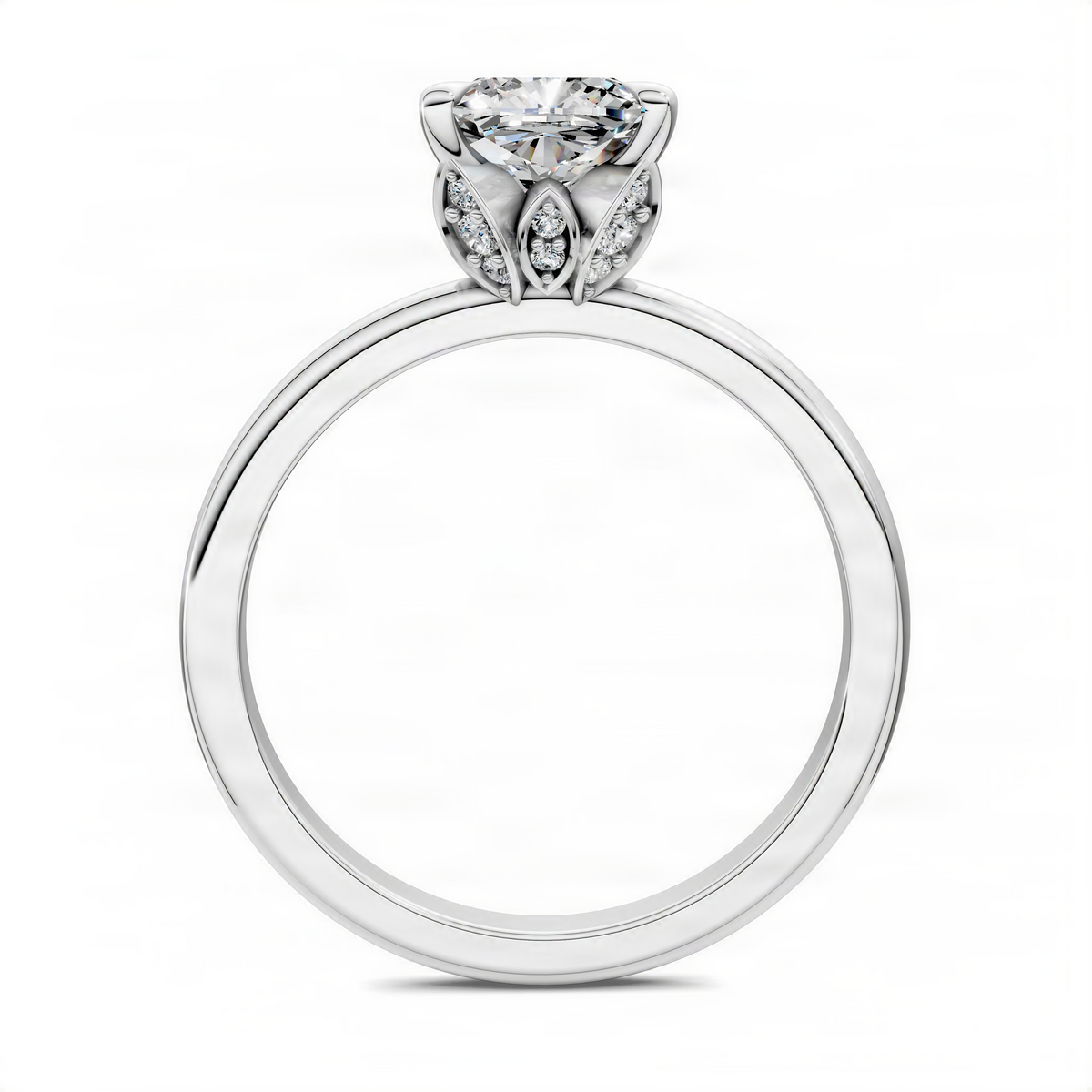 White gold leaf-accent engagement ring with cushion center stone and small side stones