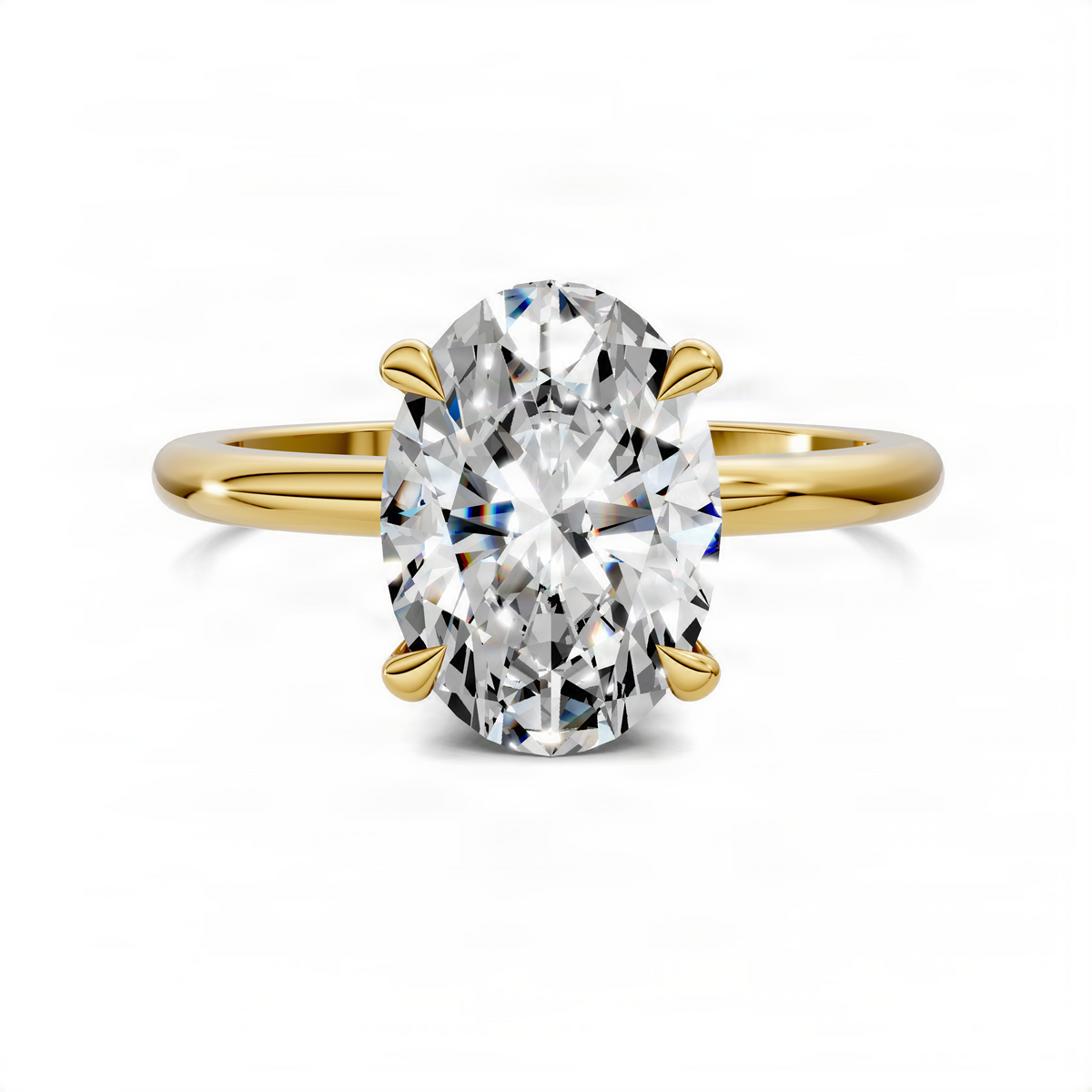Oval-cut diamond ring with leaf accents and small side diamonds on a yellow-gold band