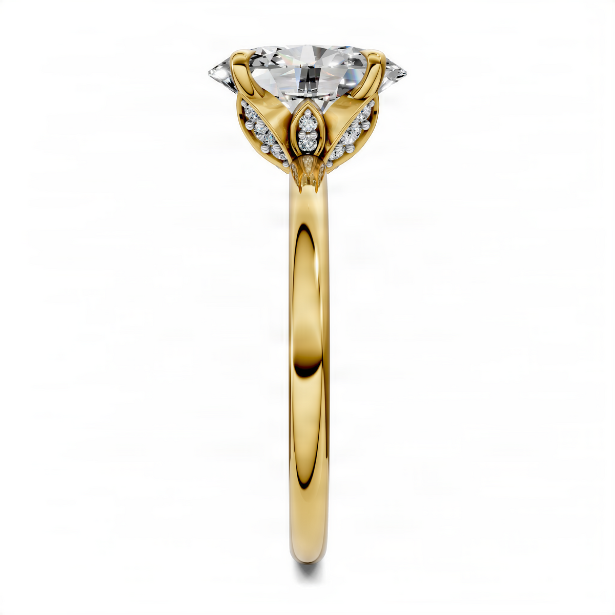 Oval leaf accent ring with round side stones, yellow gold setting and clear center stone