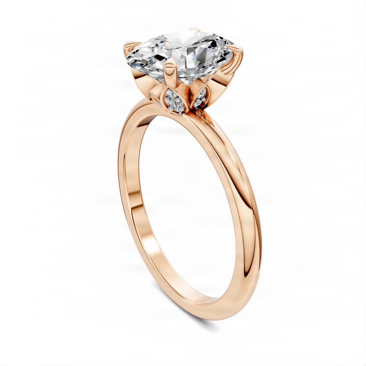Oval-cut diamond engagement ring with leaf accents on a rose-gold metal band