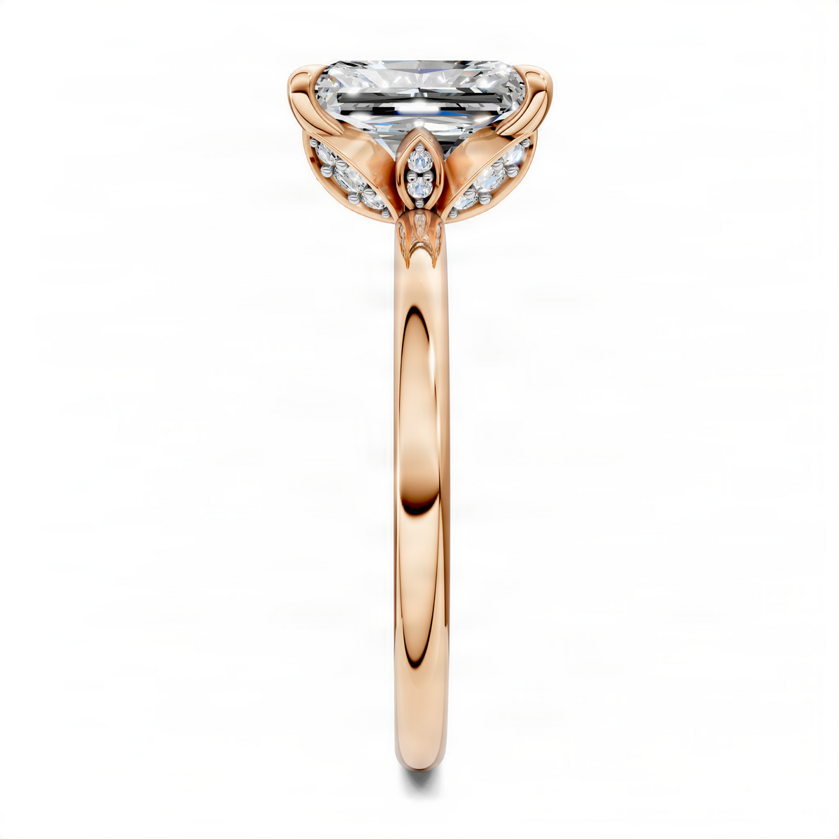 Rose gold leaf-accent engagement ring with square center stone and diamond side accents