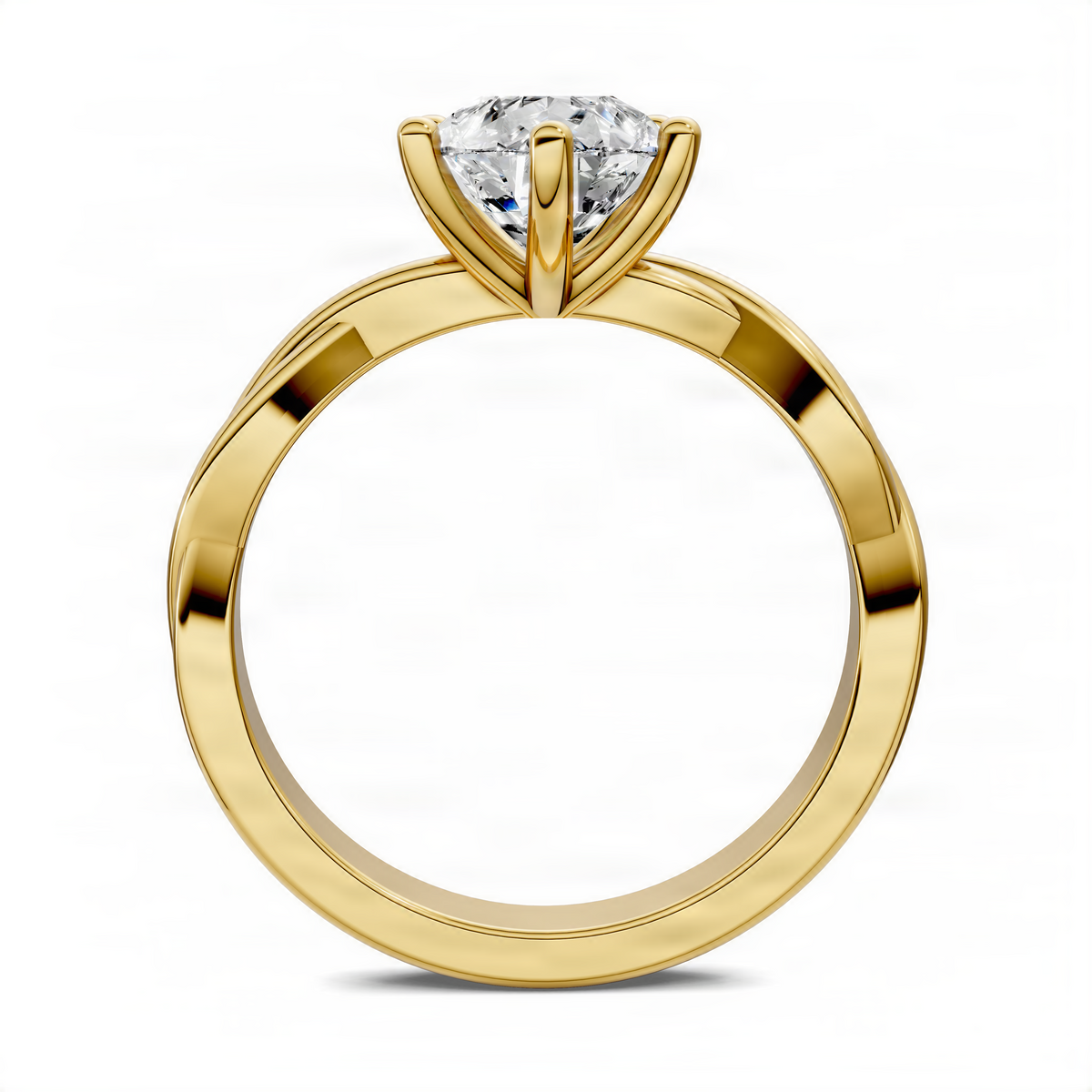 Yellow gold twisted vine solitaire ring with pear-cut center gemstone, flat top and round band
