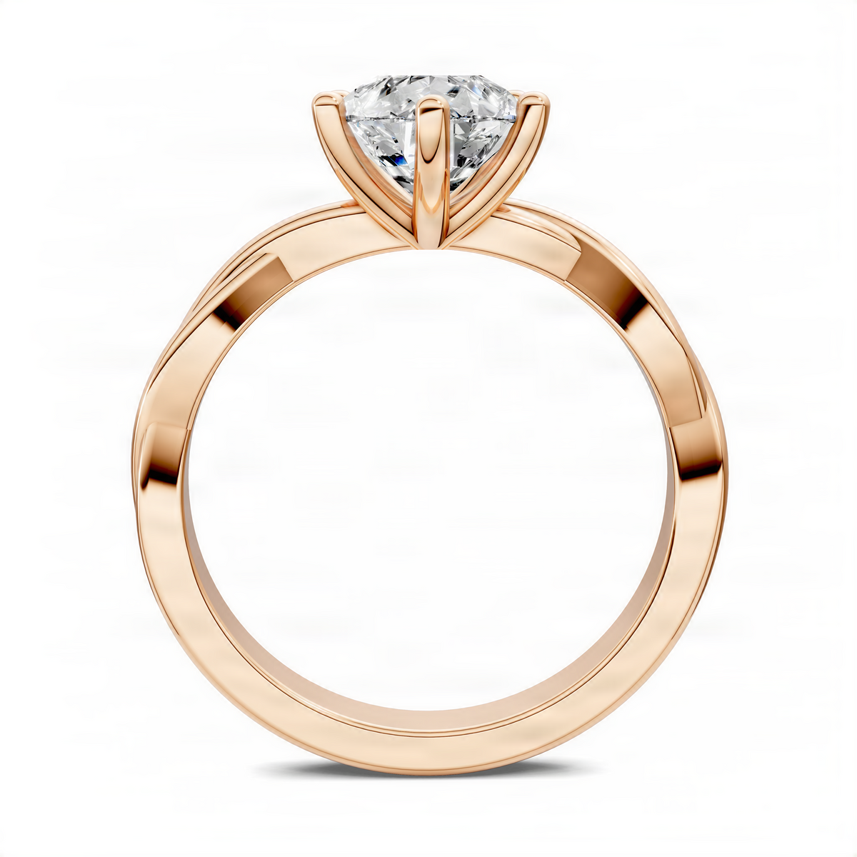 Rose gold twisted vine solitaire ring with pear-cut center gemstone, open round profile