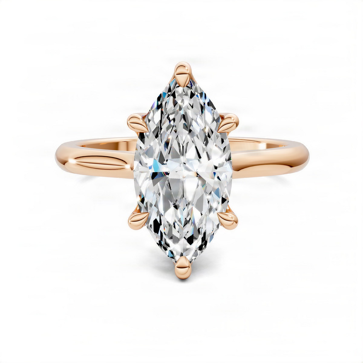 Rose gold marquise solitaire ring with large clear center stone