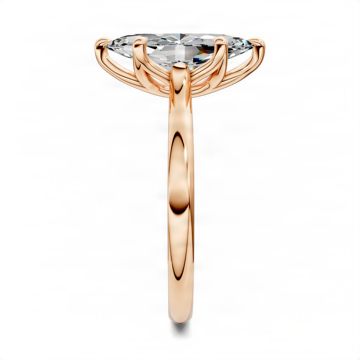 Rose gold marquise solitaire ring, side view, prong-set center stone