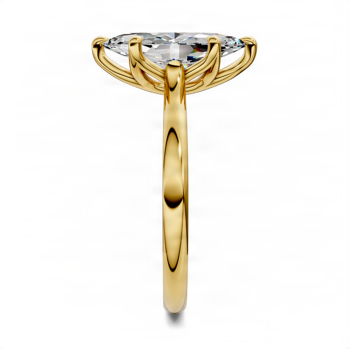 Yellow gold marquise solitaire ring, side view, prong-set center stone
