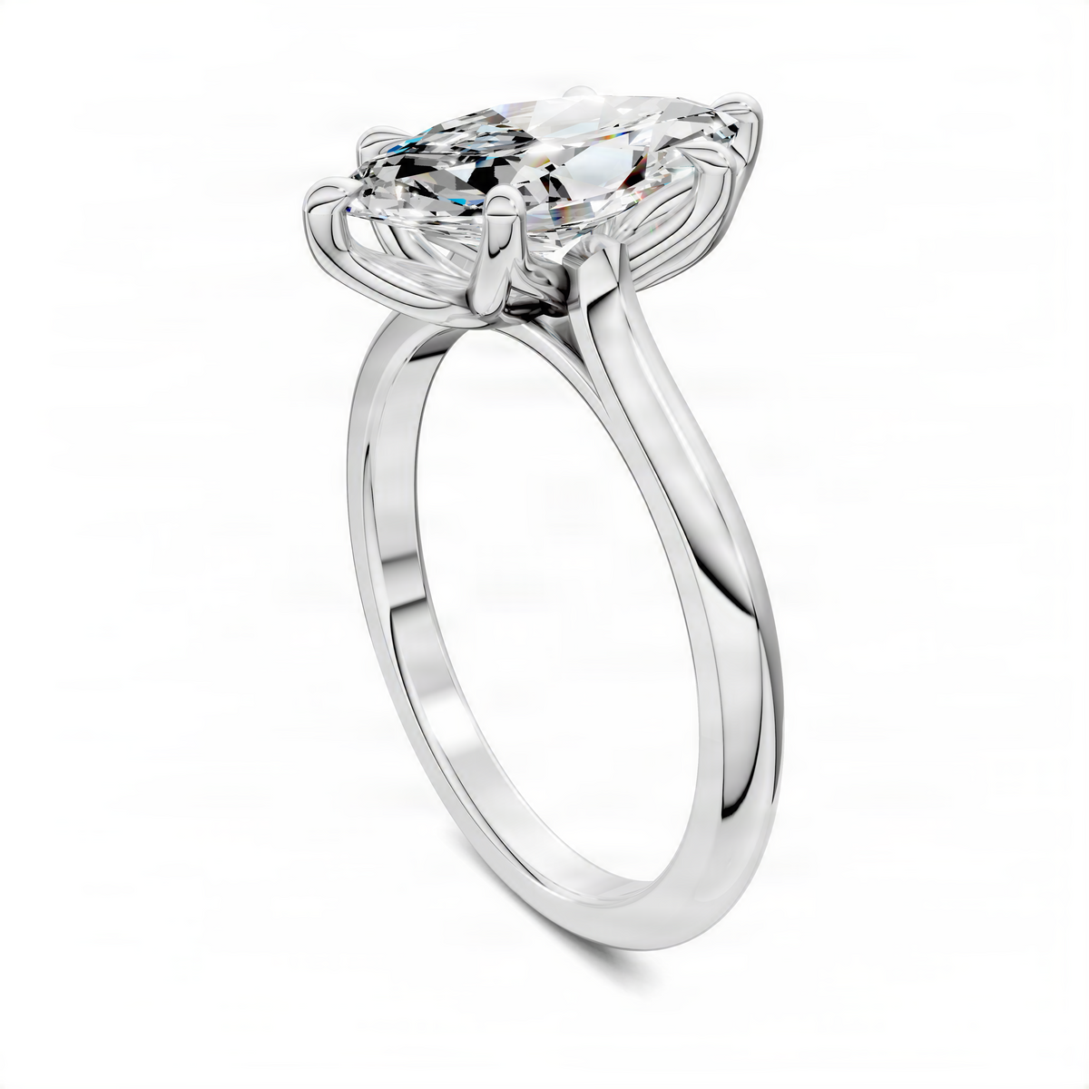 Platinum marquise solitaire ring with large clear center stone