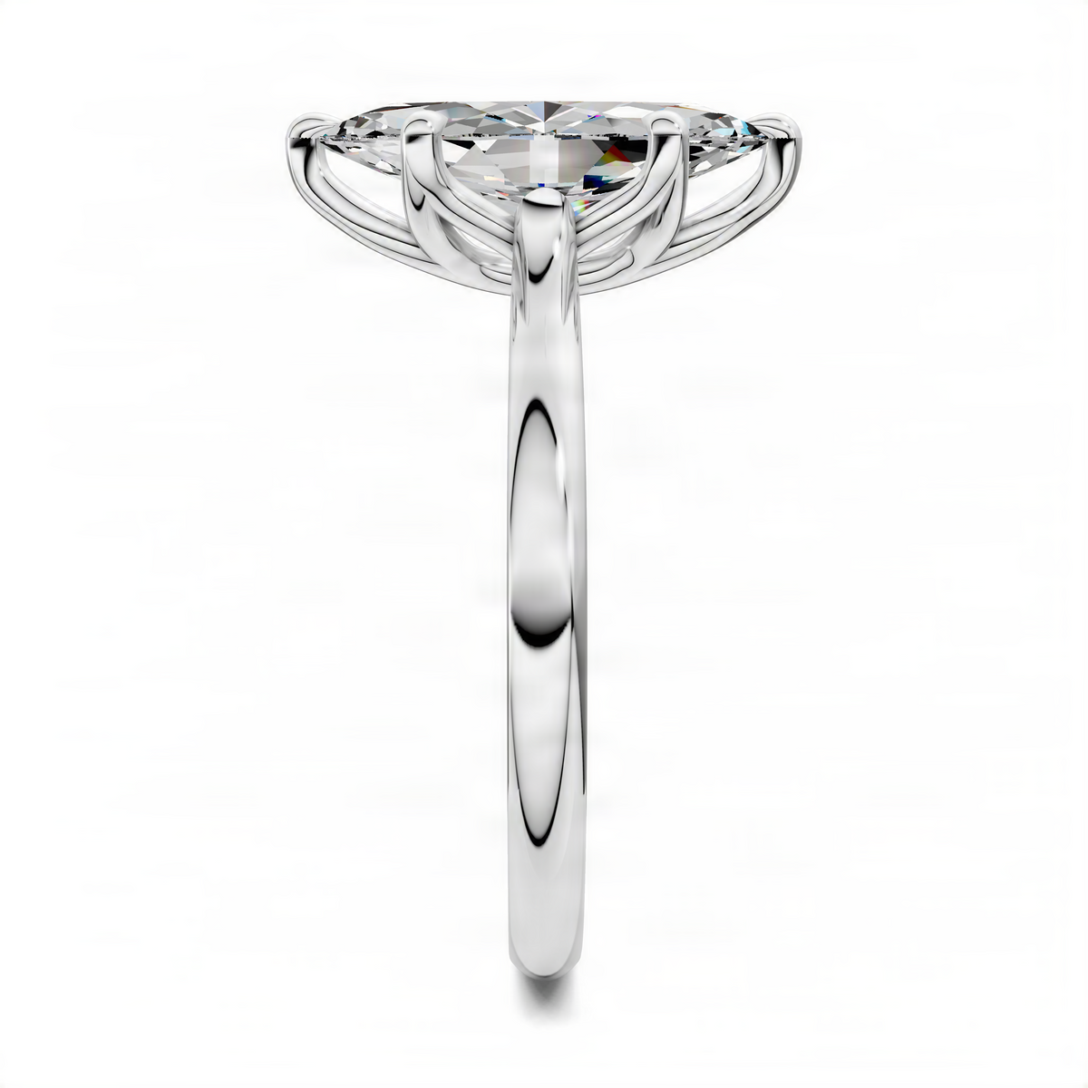 Silver-toned marquise solitaire ring with large center stone in curved cathedral setting