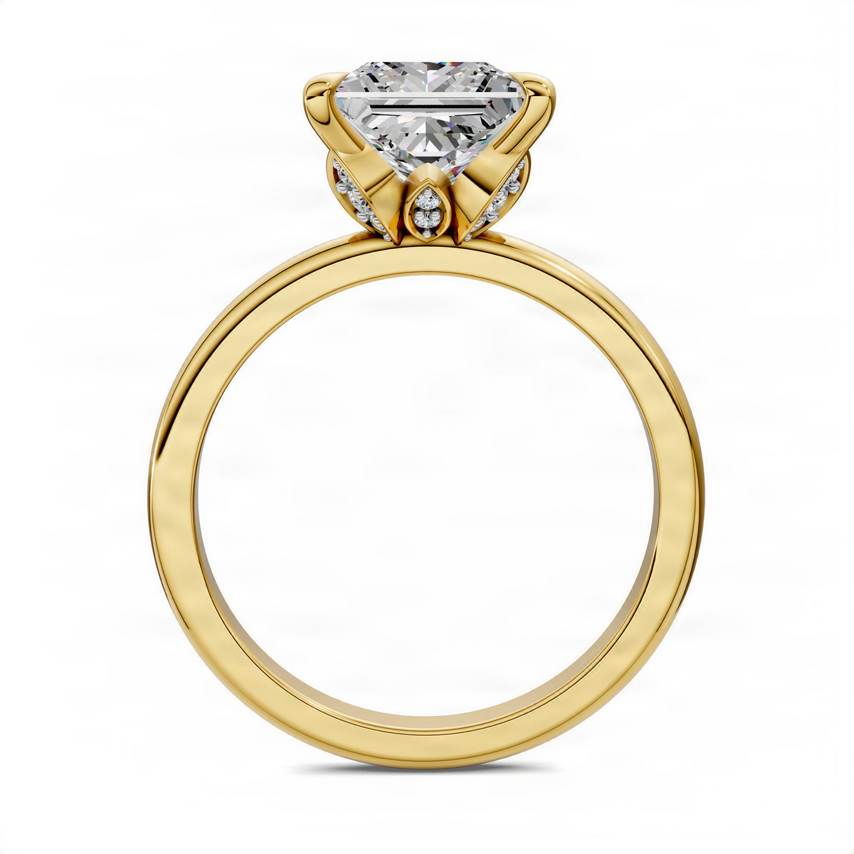Yellow gold princess-cut diamond ring with leaf-accent prongs and side stones