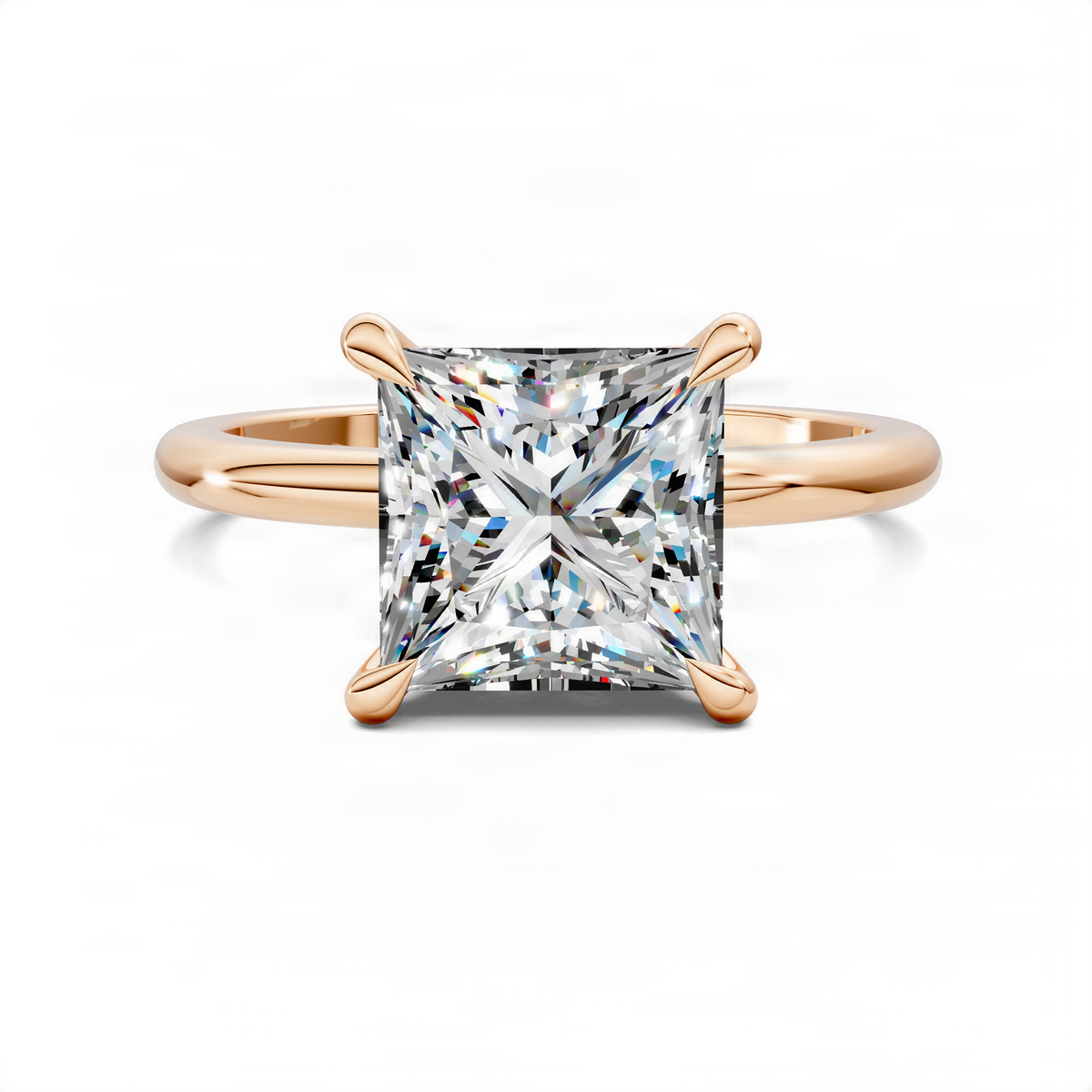 Rose gold princess-cut diamond ring with leaf prongs