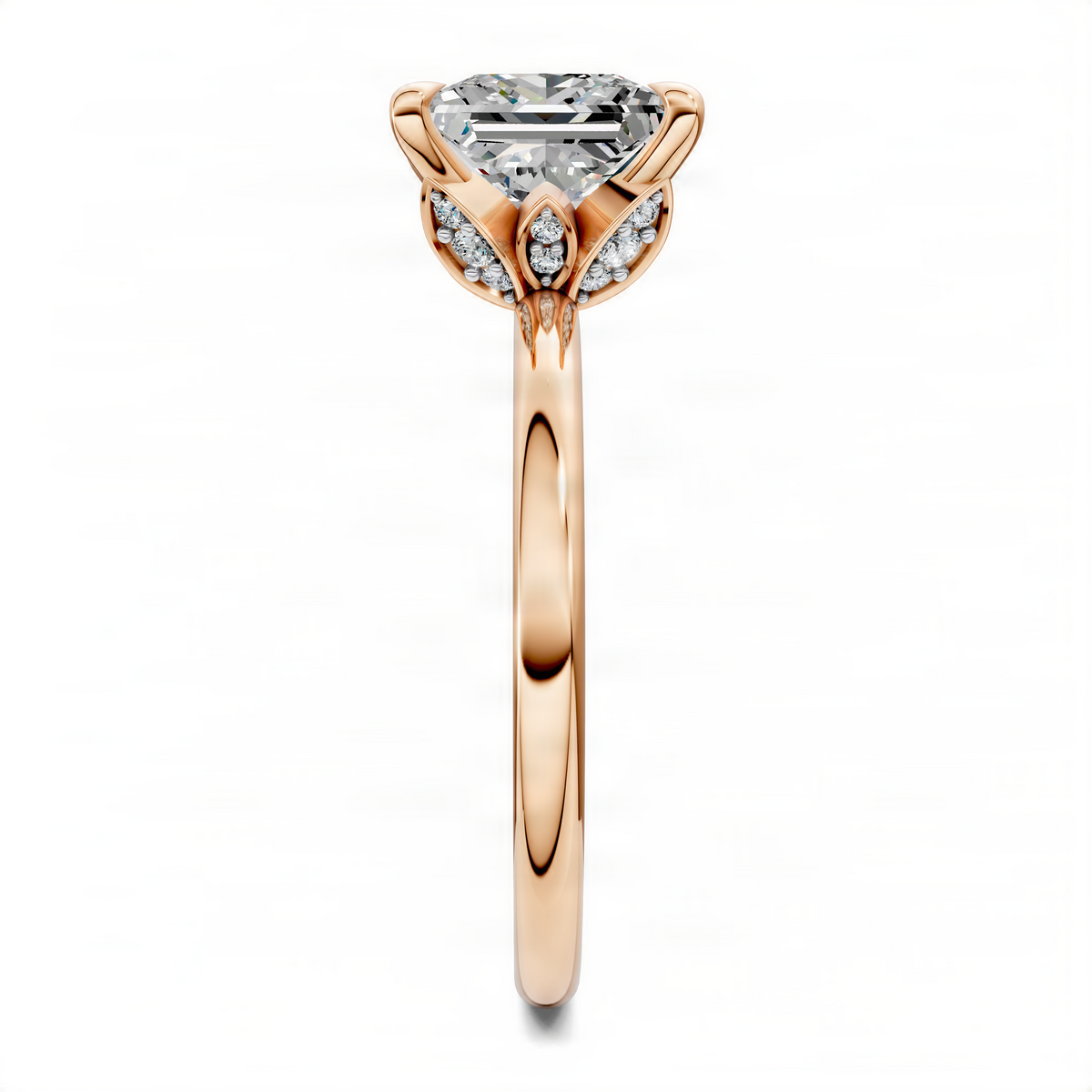 Rose gold ring with princess-cut center stone and leaf accents