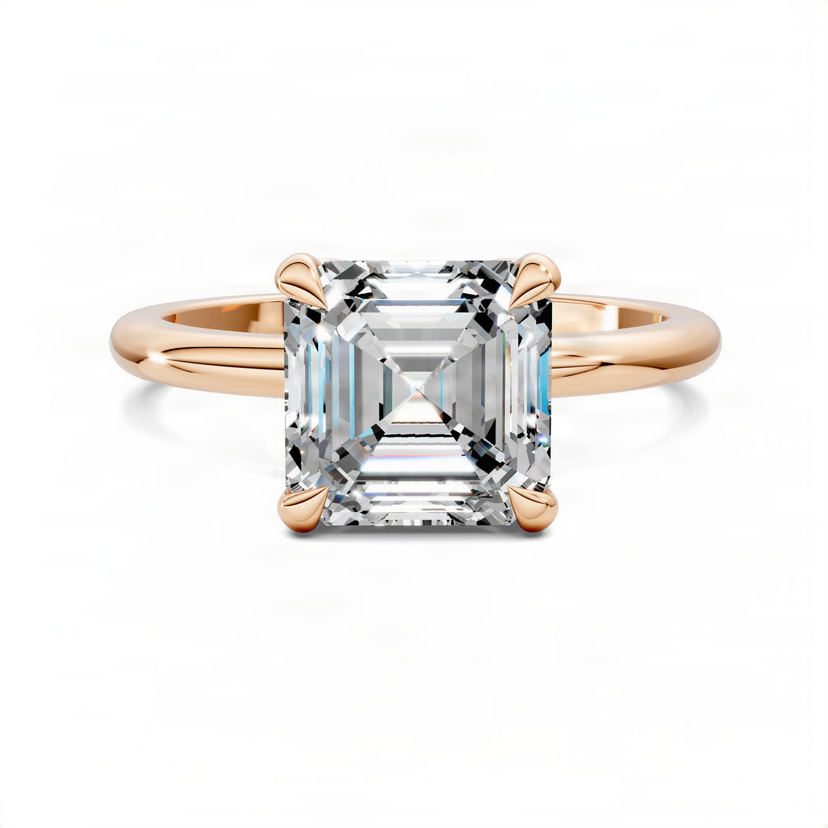 Rose gold Asscher-cut gemstone ring with leaf accents and side diamond details