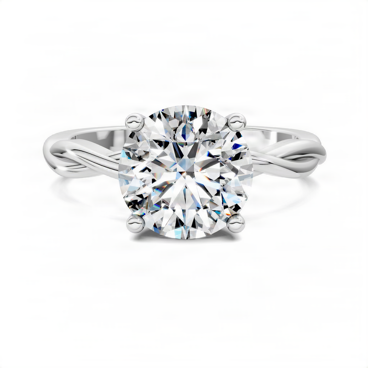White gold round solitaire ring with twisted vine band and round center stone