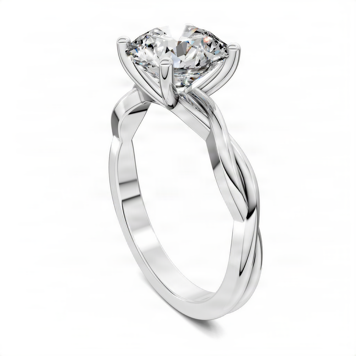 Silver-toned twisted vine solitaire ring with round center diamond and prong setting