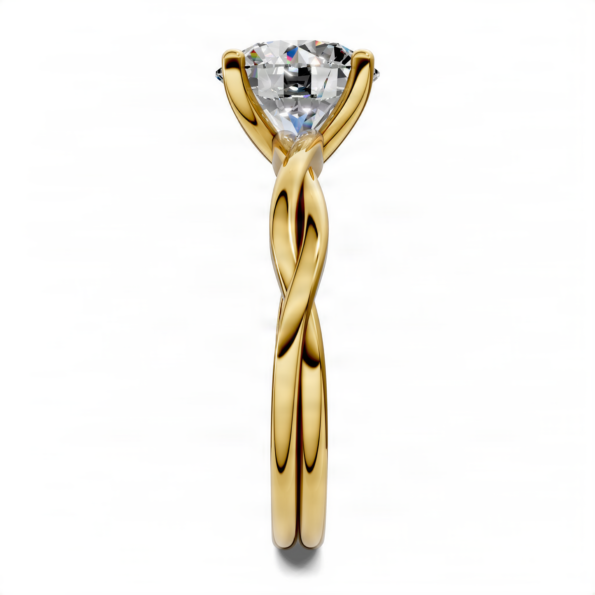 Yellow gold round solitaire ring with twisted vine band and round center stone