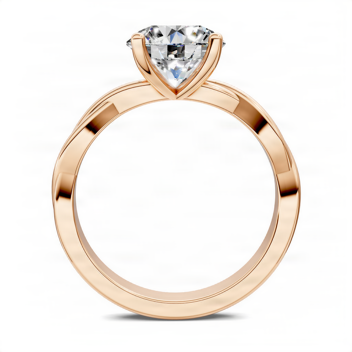 Rose gold round solitaire ring with raised prongs and round center stone
