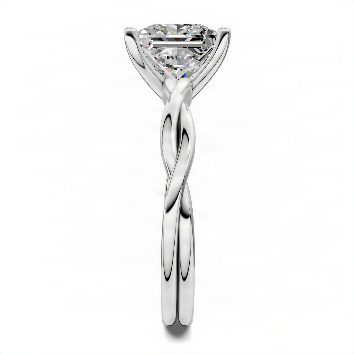 White gold twisted vine solitaire ring with square center stone and twisted split band