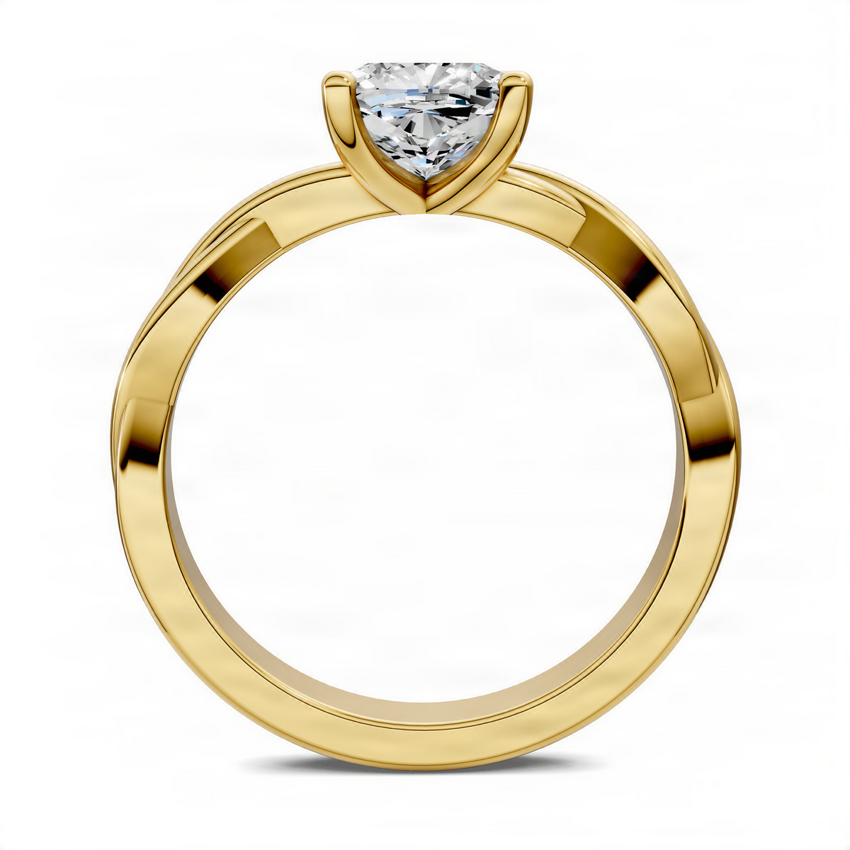Yellow gold cushion-cut solitaire ring with twisted vine split shank