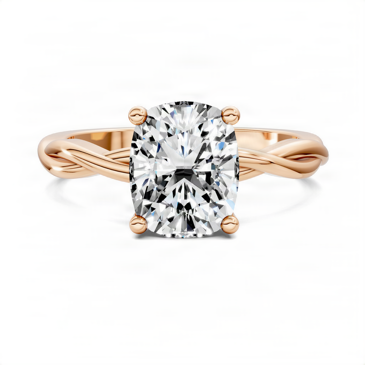 Rose gold twisted vine solitaire ring with round cushion center stone