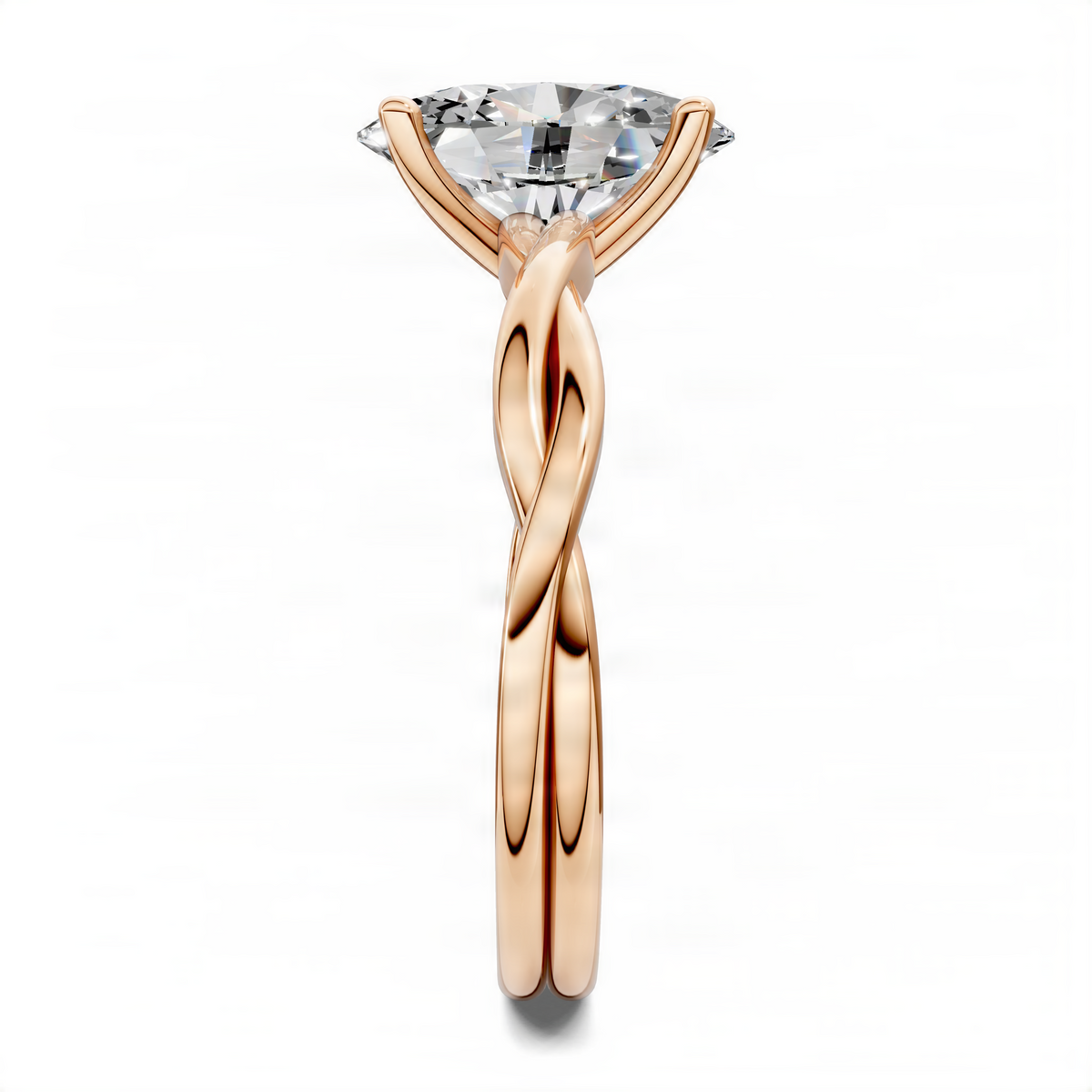 Oval solitaire ring in rose gold with twisted vine split shank and prong-set stone
