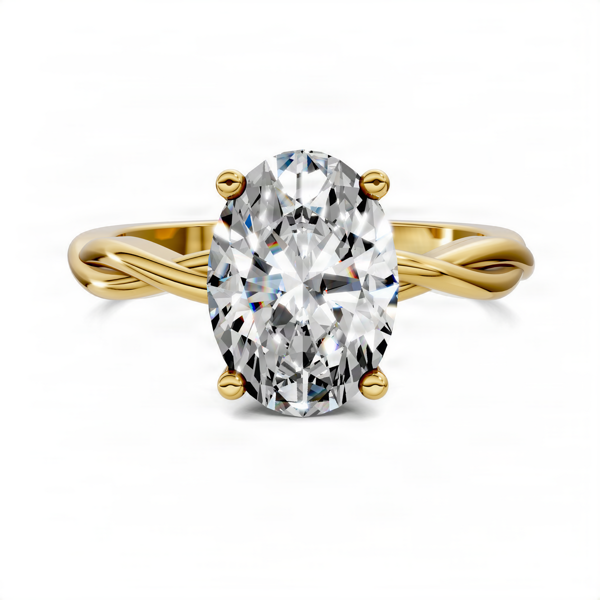 Yellow gold oval solitaire ring with twisted vine split shank and prong-set center stone