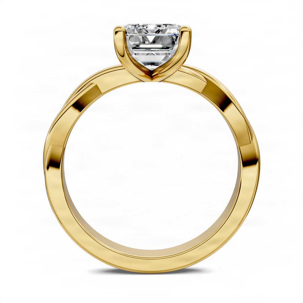 Yellow gold solitaire ring showing round profile with emerald-cut center stone