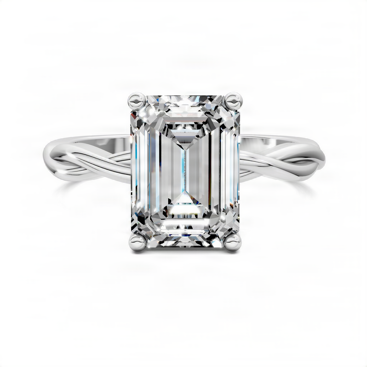 White gold solitaire ring with emerald-cut center stone and twisted vine band