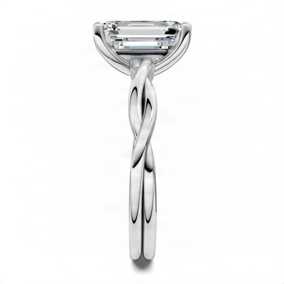 Platinum-tone solitaire ring with emerald-cut center stone and twisted split shank