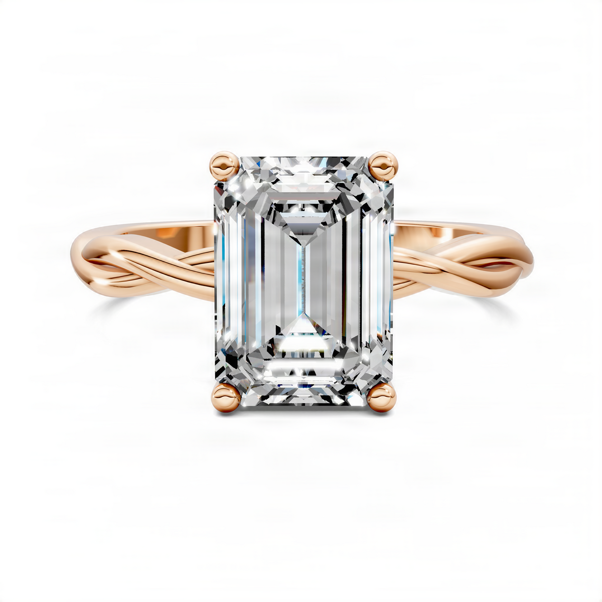 Rose gold twisted vine solitaire ring with emerald-cut center stone