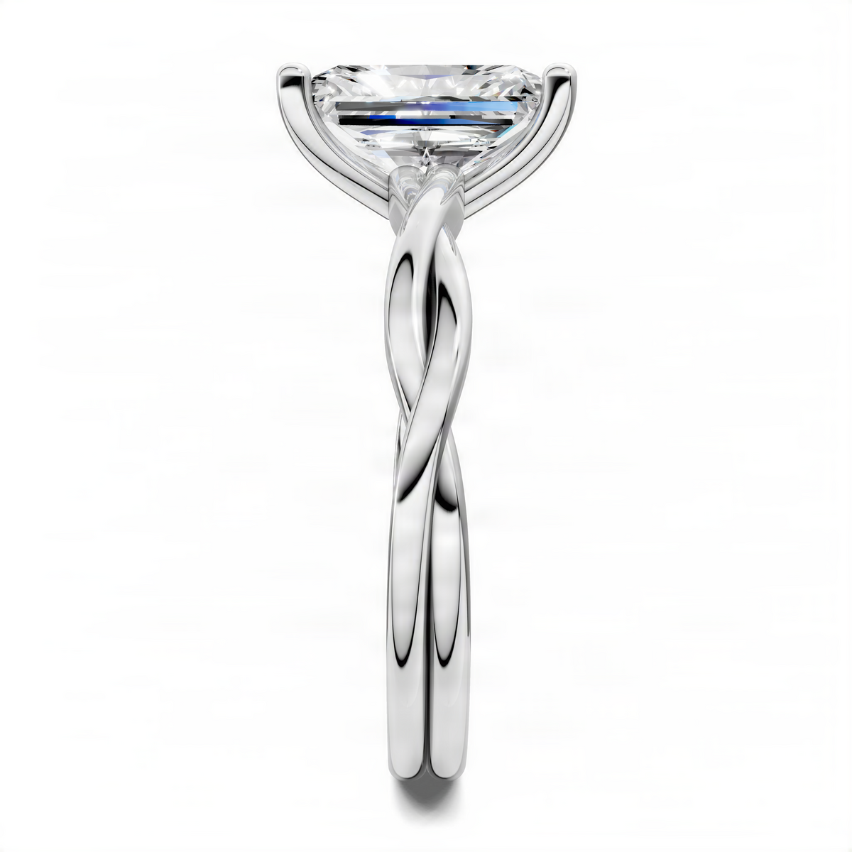 Platinum twisted vine solitaire ring side view with radiant-cut center stone