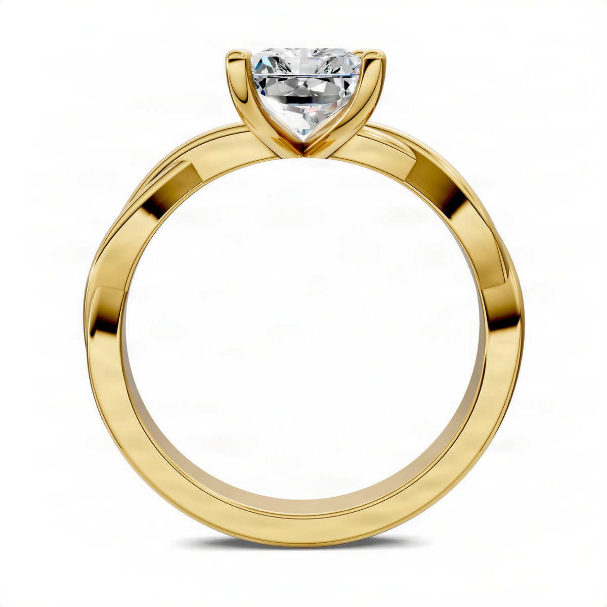 Yellow gold twisted vine solitaire ring with radiant-cut center stone and four-prong setting
