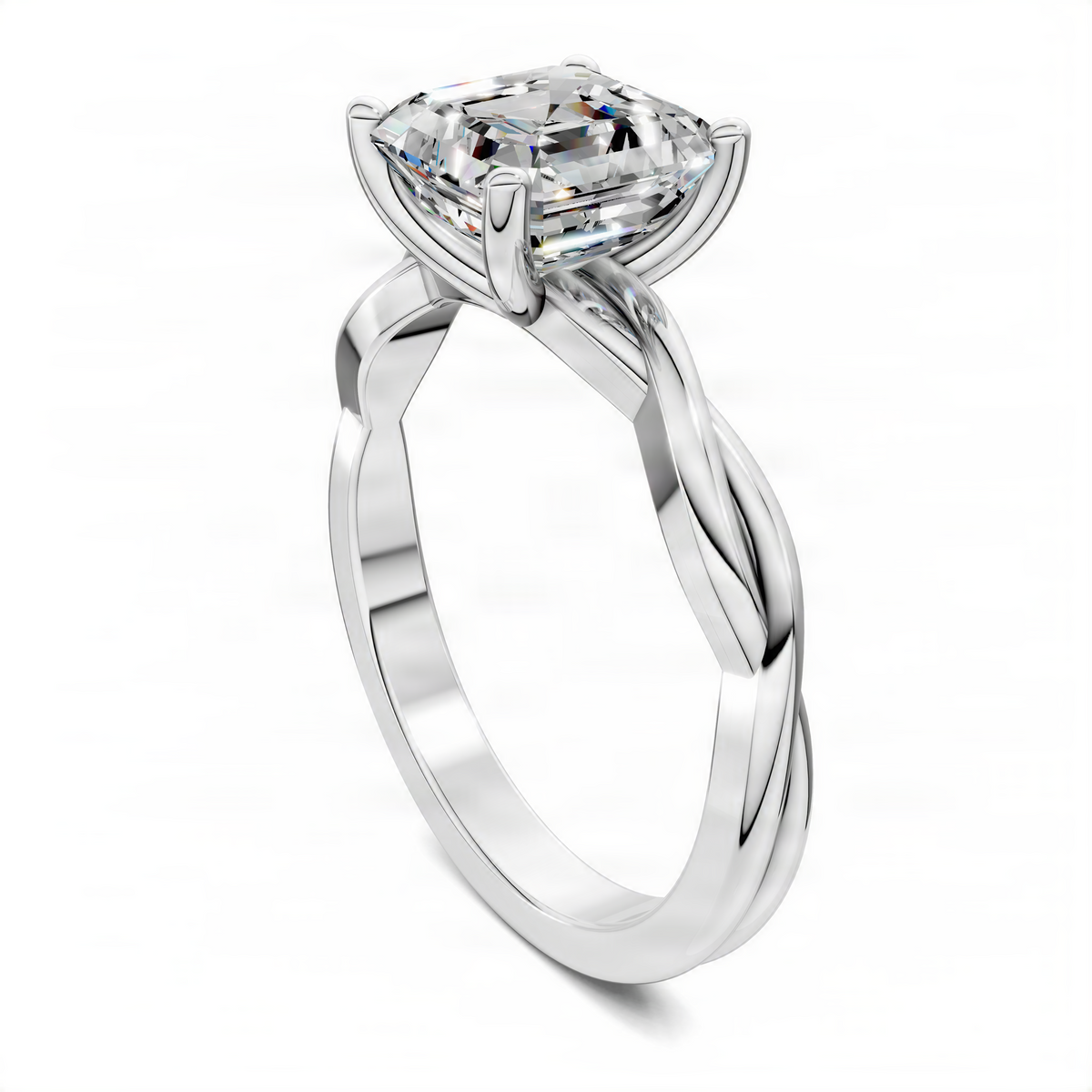 Platinum Asscher solitaire ring with twisted vine band and emerald-cut center stone