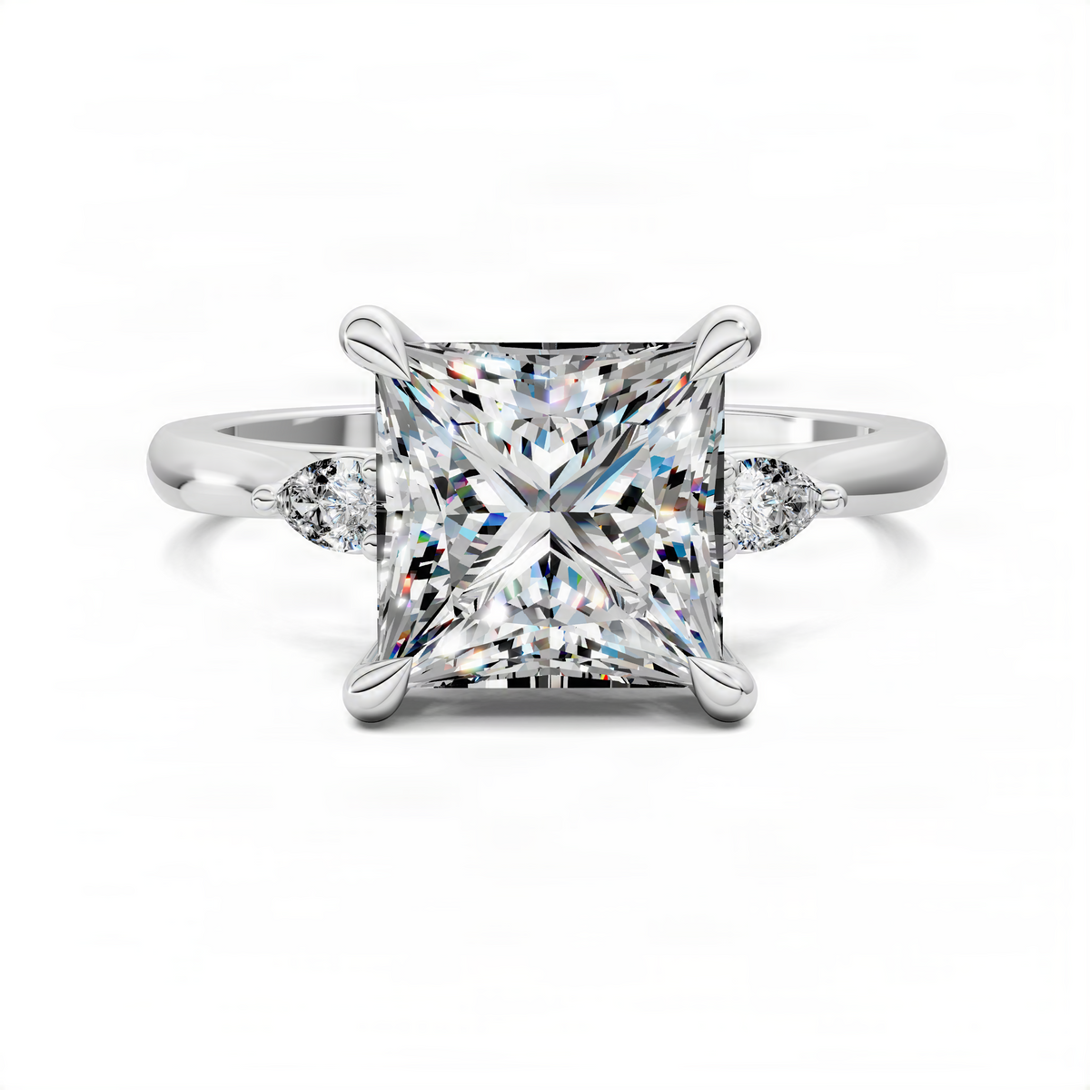 Three-stone ring in white gold with princess-cut center stone and round side diamonds