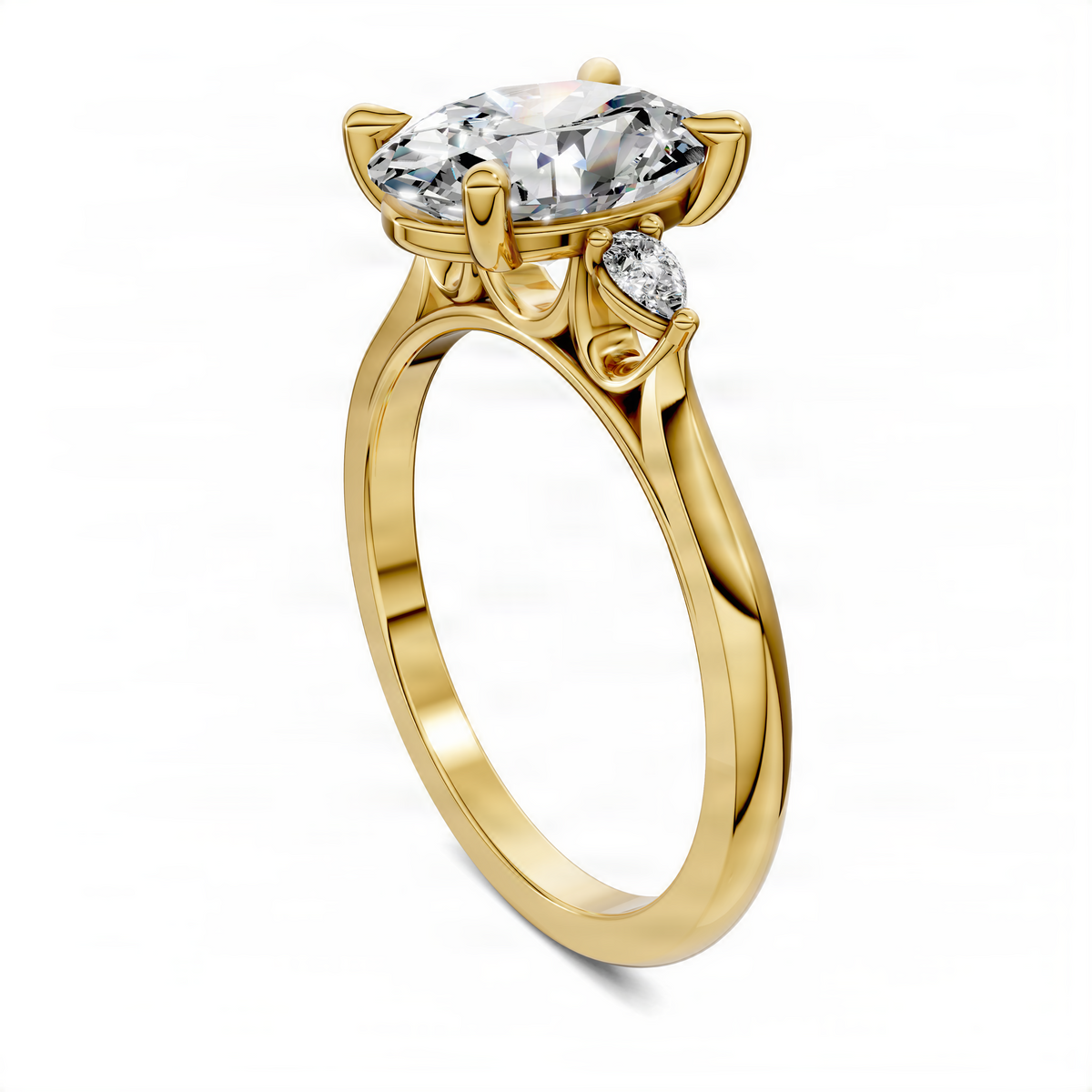 Yellow gold oval center stone ring with round side diamond accents