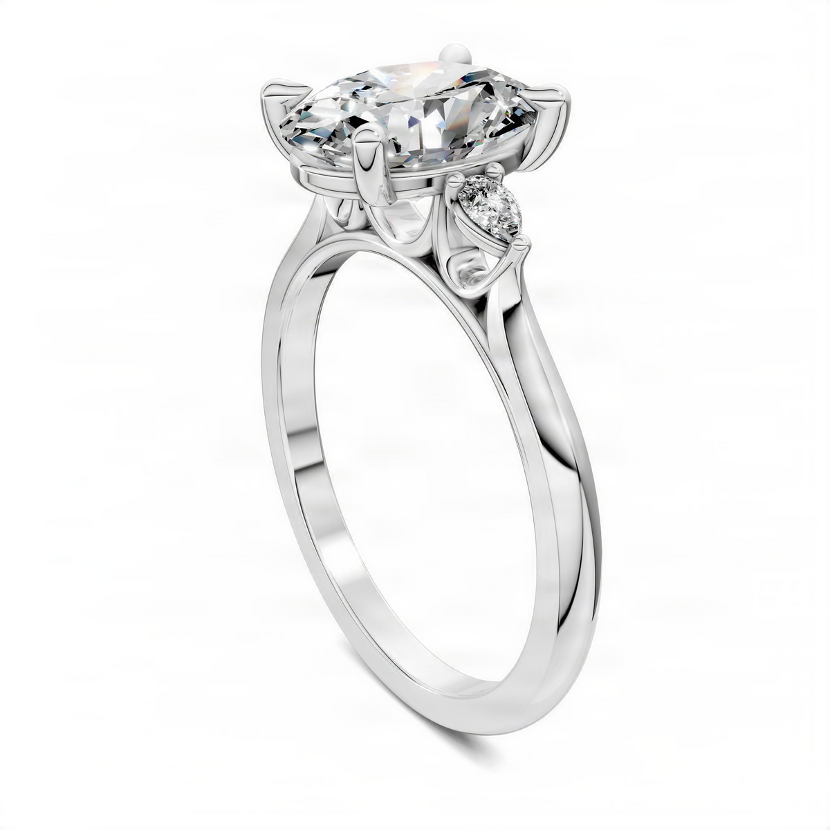Platinum-style oval center stone ring with round side diamond accents