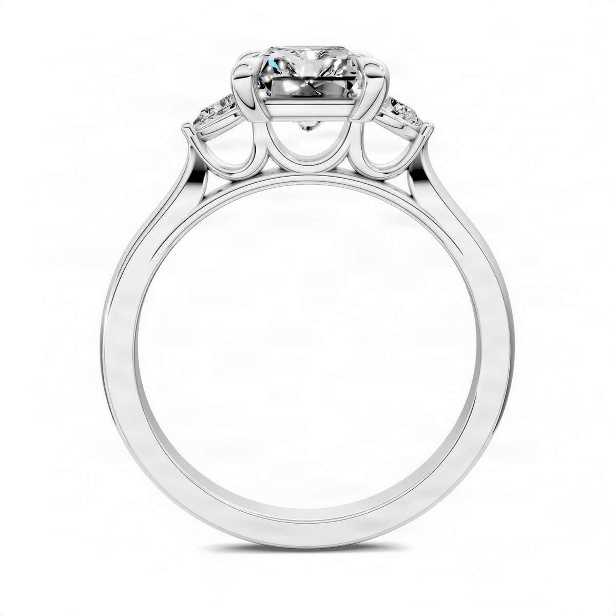 Platinum three-stone engagement ring with emerald-cut center and two round side stones