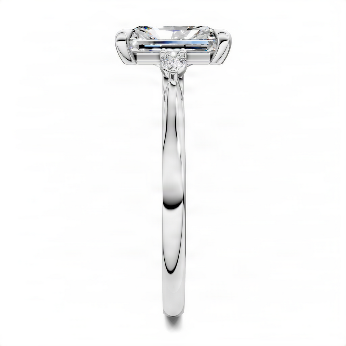 Platinum three-stone engagement ring with emerald-cut center and two round side stones