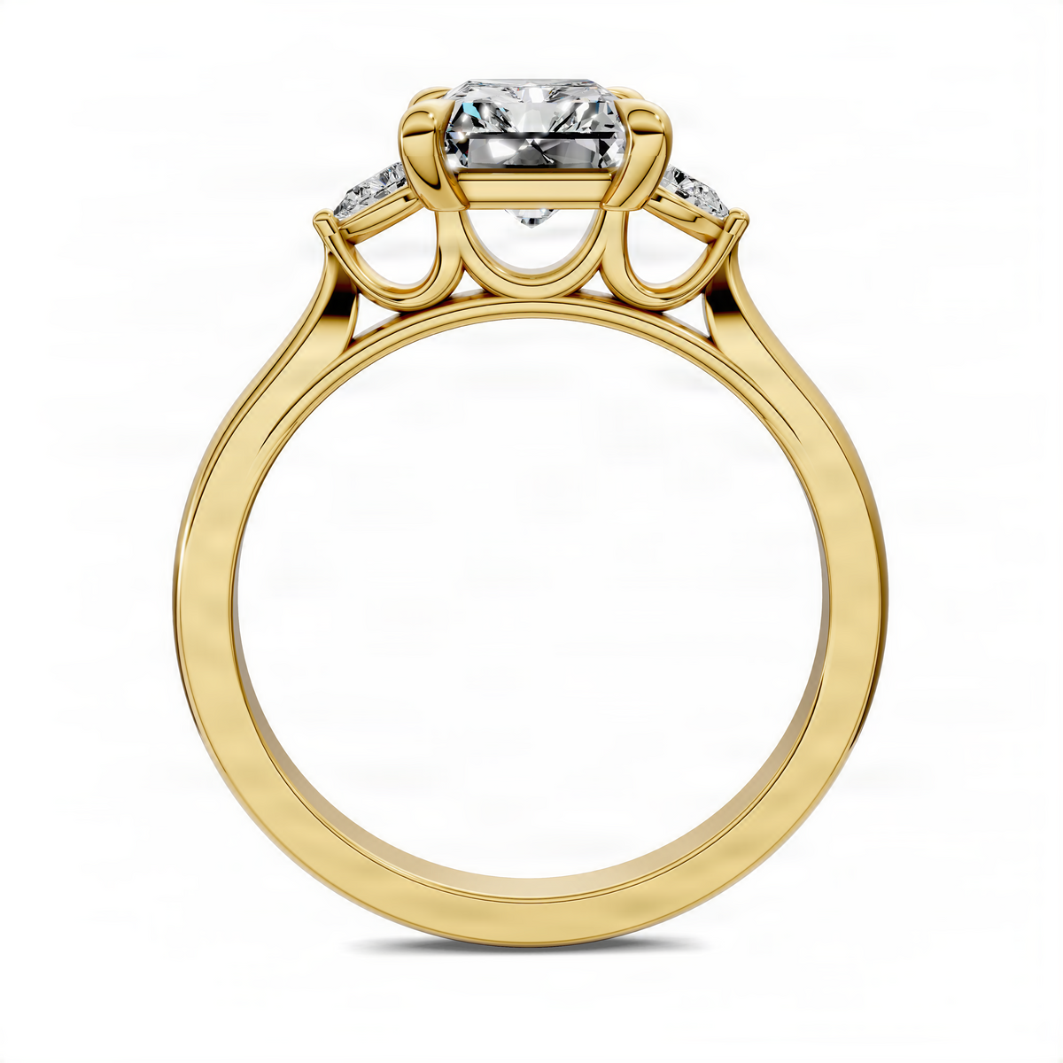 Yellow gold three-stone engagement ring with emerald-cut center and two round side stones