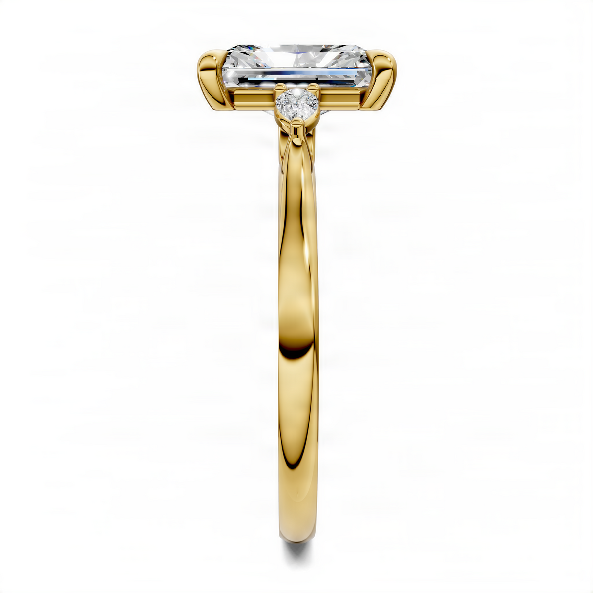 Yellow gold three-stone engagement ring with emerald-cut center and two round side stones