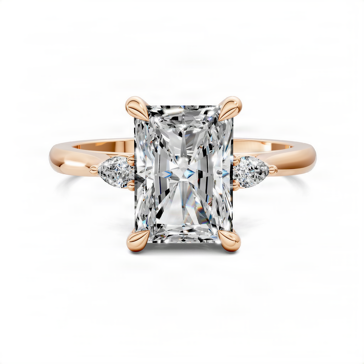 Rose gold three-stone engagement ring featuring emerald-cut center and round side stones