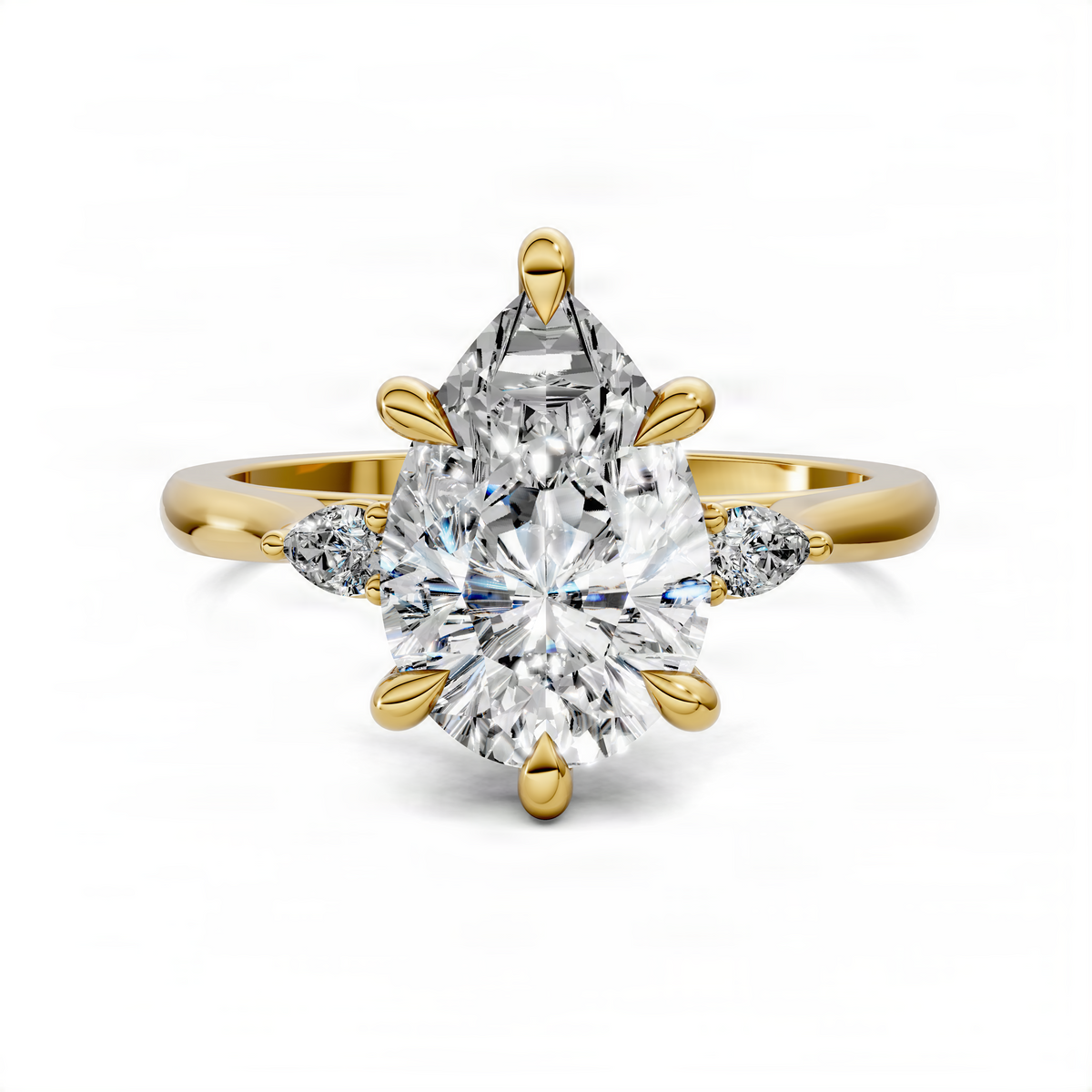 14K yellow gold three-stone classic ring with pear-shaped center stone and side stones