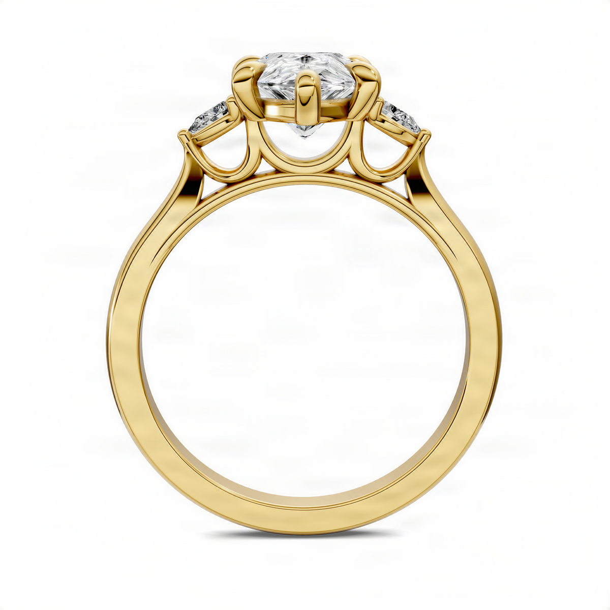 14K yellow gold three-stone classic ring with pear-shaped center and side stones