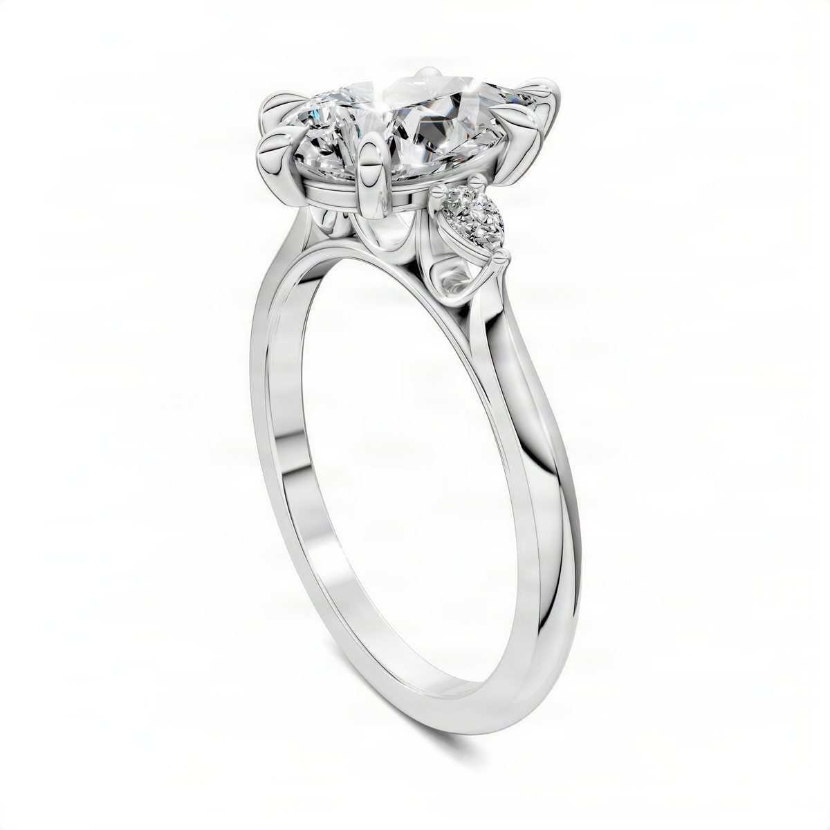 Platinum three-stone classic ring with pear-shaped center stone and side stones