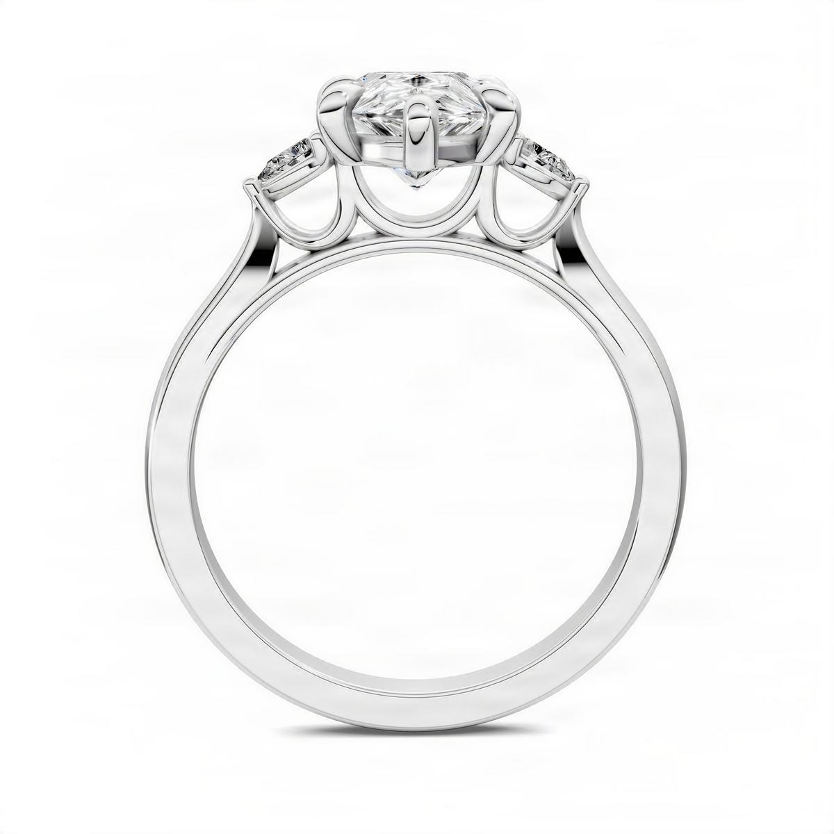 14K white gold three-stone classic ring with pear-shaped center and side stones